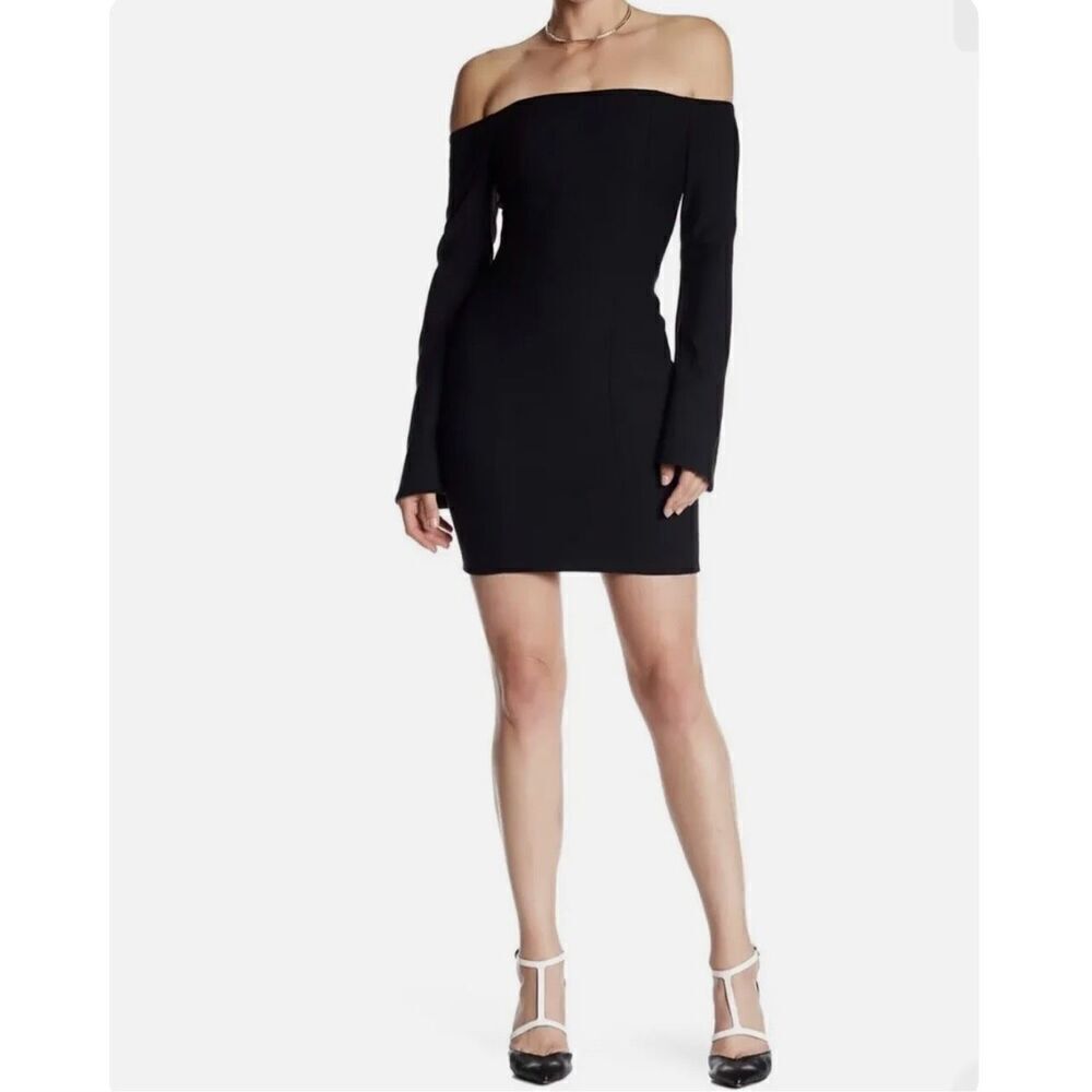 Cinq A Sept Off Shoulder Bell Flare Cuff Mini Dress Ponte Black Niara XS/2 $395